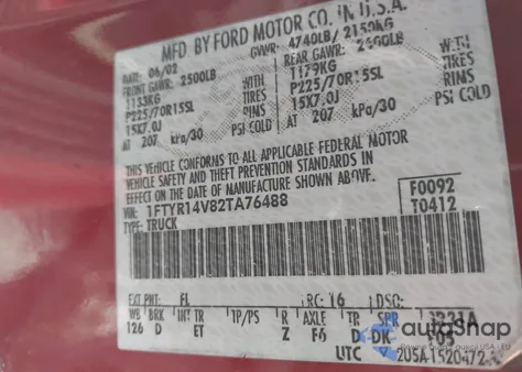 2002 Ford Ranger Edge/Tremor/Xl/Xlt z USA, uszkodzony, nr VIN 1FTYR14V82TA76488